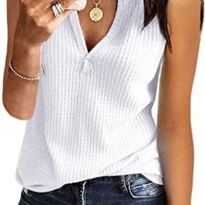 Womens Tank Tops V Neck Waffle Knit Summer Casual Sleeveless Loose Tee Shirts